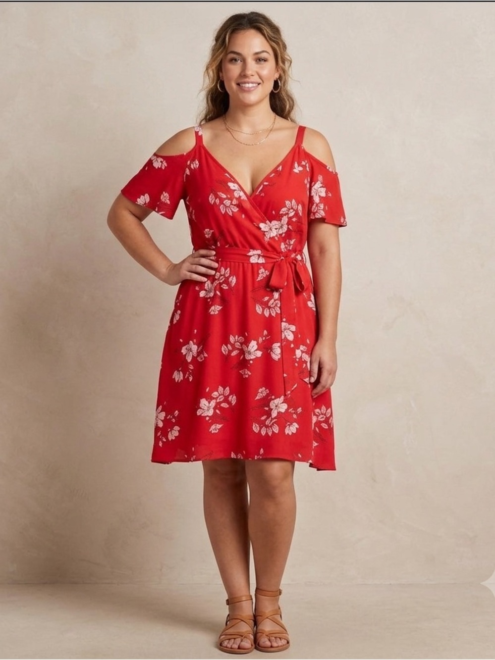 Sienna Sky Cold Shoulder Floral Red  Wrap Dress Size Medium.